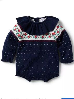 Janie and Jack Baby Girl Fair Isle Sweater Romper Navy Floral Ruffle 3-6M